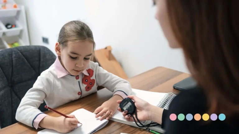 Devojčica sedi za stolom i piše u svesci dok odrasla osoba meri vreme, u kontekstu procene ili vežbe koncentracije.