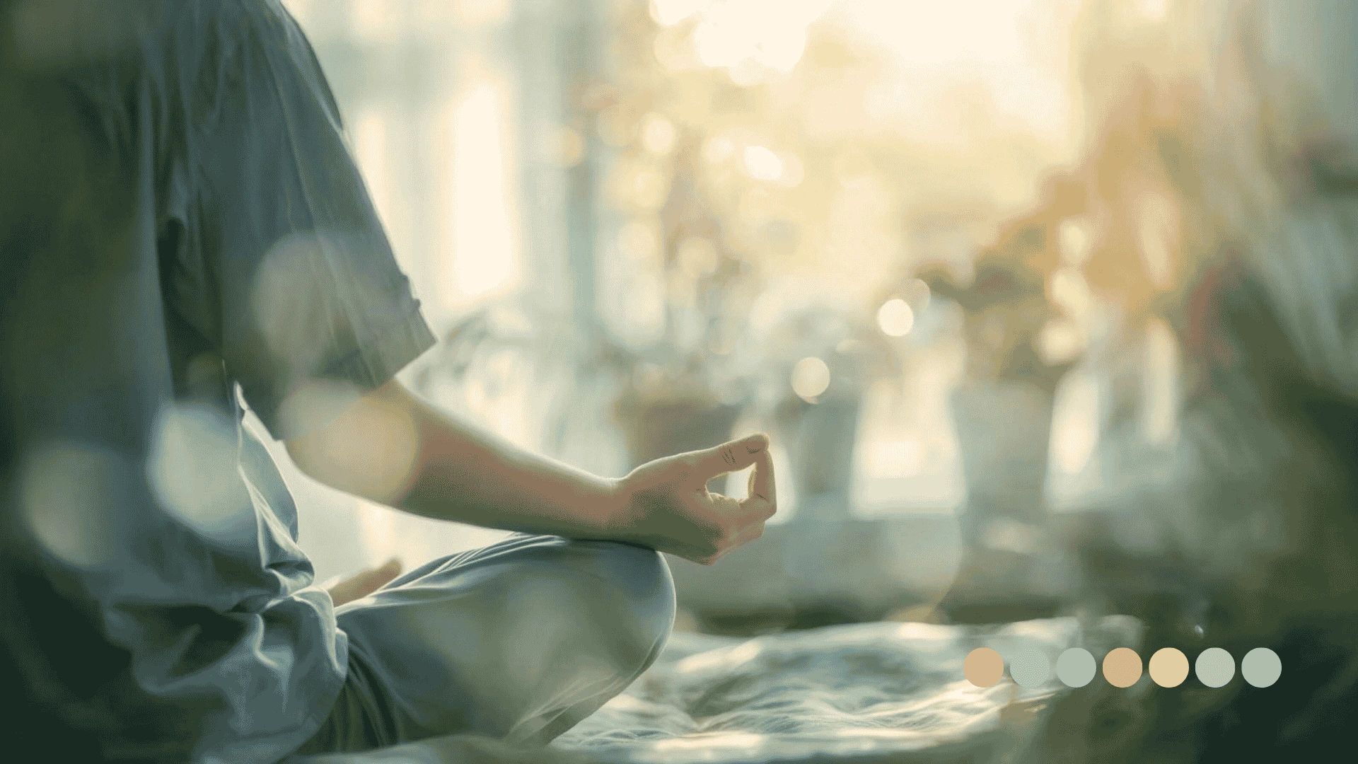 Osoba sedi u prirodi, u položaju meditacije, sa rukama u krilu i spojenim prstima, okupana toplom sunčevom svetlošću.