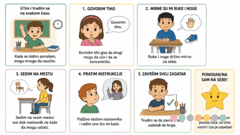 Ilustrovana socijalna priča iz osam koraka u formi kartica koja kroz crteže i tekst objašnjava pravila ponašanja na času i u učionici.